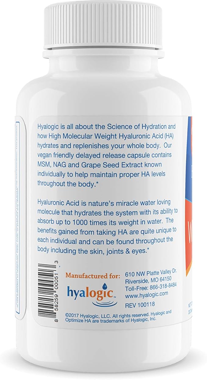 Hyalogic Hyaluronic Acid 120 mg Delayed Release Capsules | Combo Formula w/Glucosamine MSM | Support Healthy Joints Eyes and Skin and Overall Body | Promote Healthy Skin | Non-GMO (30 Count)