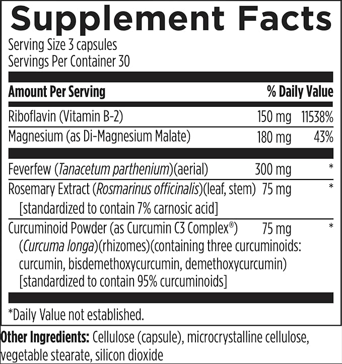 Designs for Health Migranol - Feverfew Supplement with Magnesium Malate Curcumin (Turmeric) Extract Rosemary + B2 Riboflavin - Non-GMO + Gluten Free (90 Capsules)