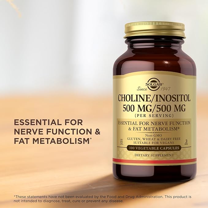 Solgar Choline/Inositol 500 mg/500 mg 100 Vegetable Capsules (Pack of 3) - Energy Metabolism Liver Health Essential for Brain &amp Nerve Function - Non-GMO Vegan Kosher - 150 Total Servings