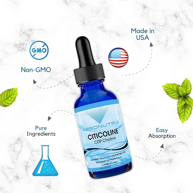 Absonutrix Citicoline 590 mg 4 Oz Bottle 200 Servings Made in USA Quick Absorption Quality Potent Ingredients Non-GMO GMP Certified Cruelty-Free Products