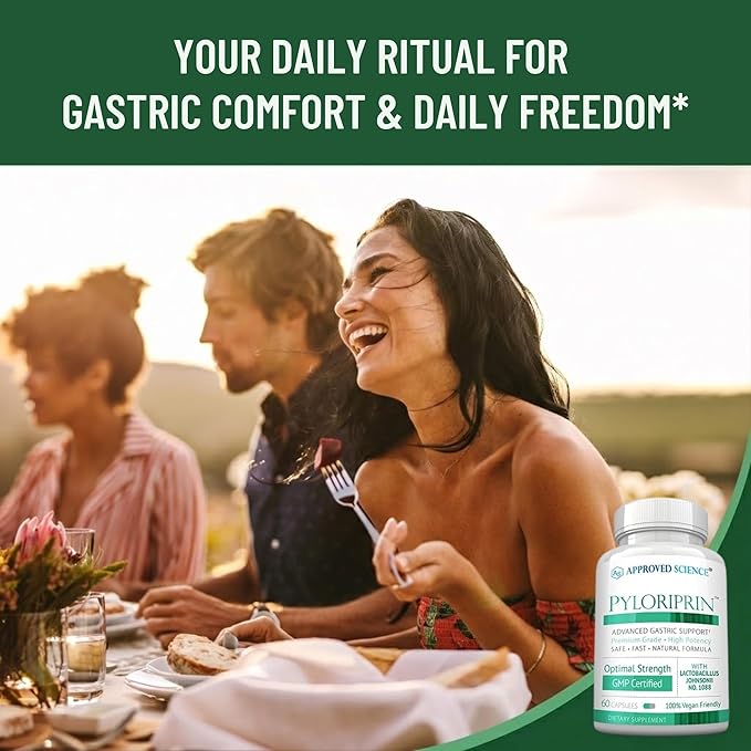 Approved Science Pyloriprin - Advanced Digestive Support for A Healthy Stomach - Zinc L-Carnosine Probiotic Broccoli Sprout Deglycyrrhized Licorice - 60 Capsules - One Month Supply - Vegan