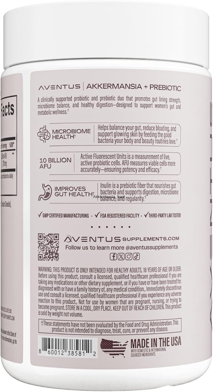 Aventus Women’s Daily Akkermansia + Prebiotic 10 Billion AFU 30 Vegan Capsules Supports Gut Lining Microbiome Balance &amp Digestive Health