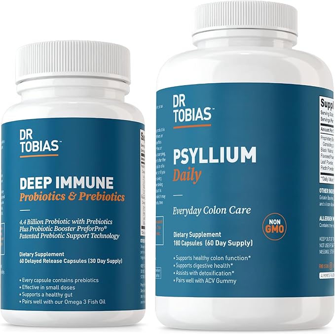 Dr. Tobias Deep Immune Probiotics &amp Prebiotics and Psyllium Daily Supports Digestive Health Gut Immune Function Daily Fiber Supplement in Support of Colon Health with 4.4. Billion CFU
