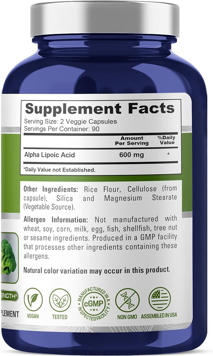 NusaPure Alpha Lipoic Acid 600 mg per Serving 180 Veggie Capsules (Vegetarian Non-GMO Vegan)