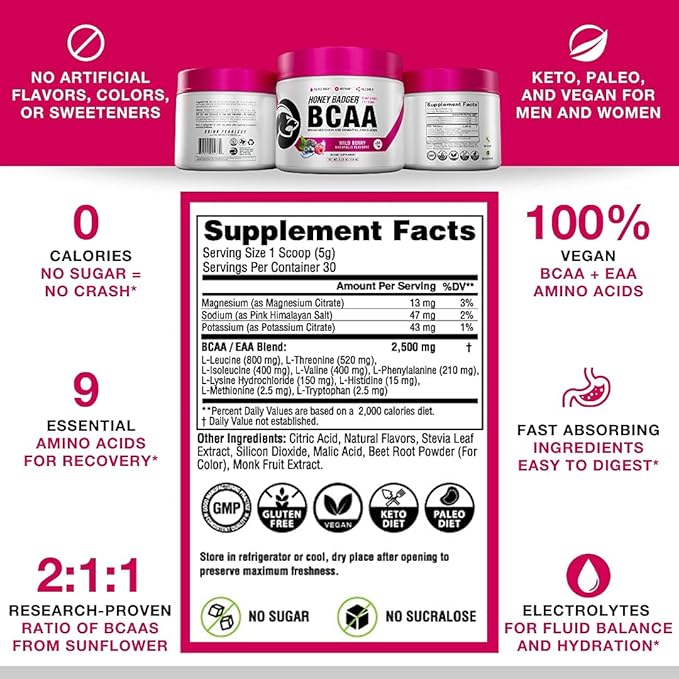 Honey Badger Pre Workout Powder &amp BCAA Amino Acids Powder Bundle | Beta Alanine Caffeine &amp Vitamin C + Electrolytes | Vegan Keto Sugar Free &amp Paleo for Men &amp Women | 30 Servings (Wild
