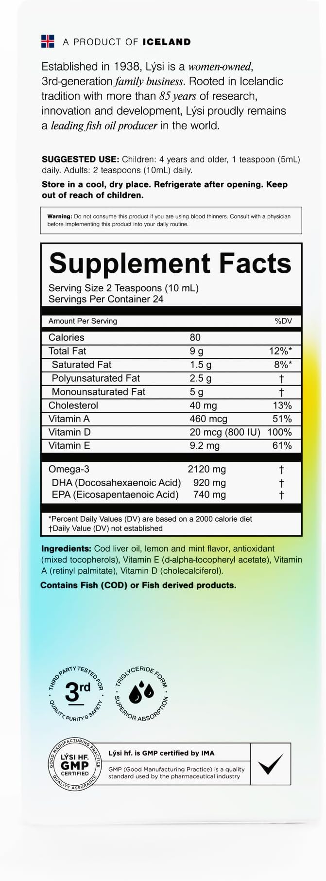 LYSI Icelandic Cod Liver Oil Liquid Supplement – 1100 mg Omega-3 per Teaspoon – EPA 740 mg &amp DHA 920 mg per 2 TSP – with Vitamins A D &amp E – Mint Flavor – 8.12 fl oz (24 Servings)
