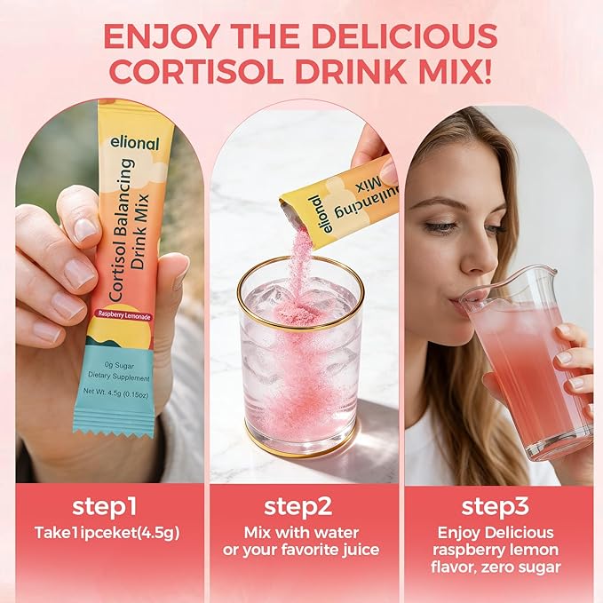 Cortisol Drink Mix with L Theanine Ashwagandha Magnesium &amp Vitamin D3– Helps Mental Clarity No Sugar Non GMO Raspberry Lemonade Flavor20 Packets