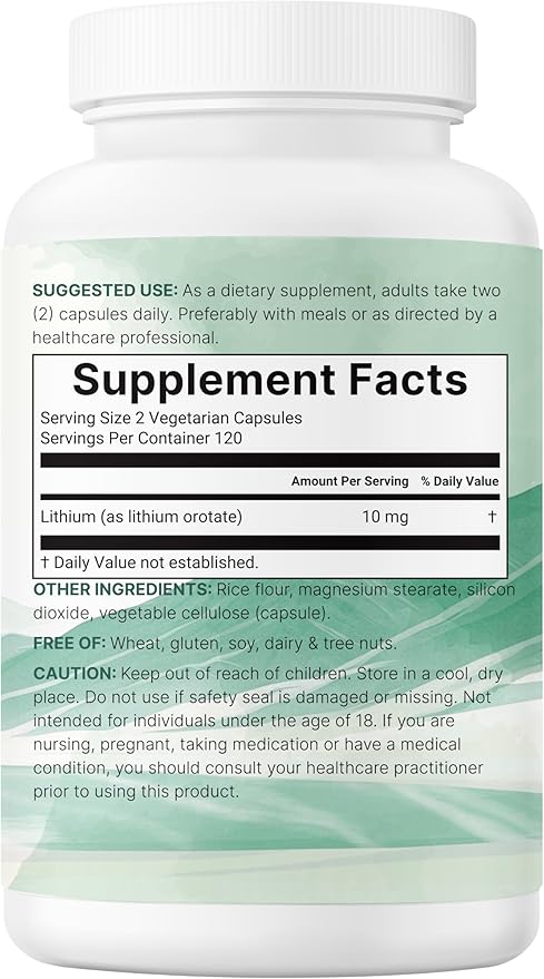 Lithium Orotate 10mg 240 Veggie Capsules | 5mg Per Capsules | High Bioavailability Trace Mineral | Healthy Aging Brain Supplement &amp Mood Support | Non-GMO Gluten Free