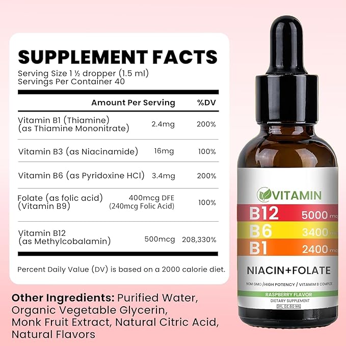 Vitamin B12 and B6 Liquid Drops B12 Sublingual Vitamin B Complex - B 12 Vitamin 5000mcg - B12 Methylcobalamin for Energy Brain and Heart Support with Raspberry 80 Servings