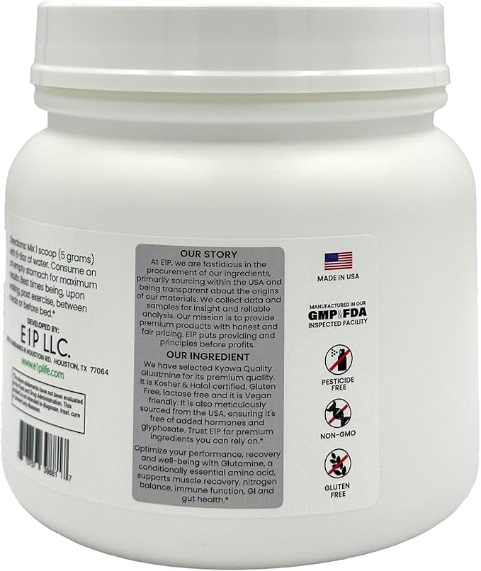 L-Glutamine 600grams (120 Servings) Unflavored Non-GMO Vegan Fermented Third-Party Lab Tested. Made with Halal and Kosher Certified Ingredients.