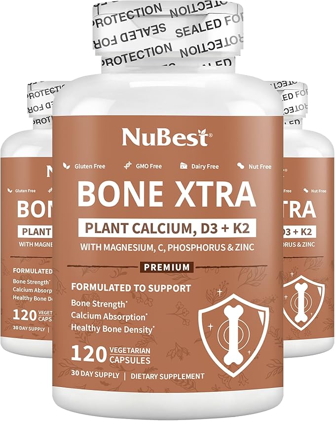 Bone Xtra - Vegan Bone Strength Formula for Stronger Bones Plant-based Calcium from Marine Algae Vitamins D3 Vitamin K2 Magnesium Phosphorus &amp More for Teens Adults - 3 Months Supply | 3 Pac