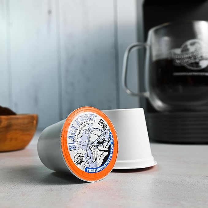 Fresh Roasted Coffee Organic Black Knight Water-Processed Decaf | USDA Organic Kosher | Dark Roast | 96 Pods for K Cup Brewers