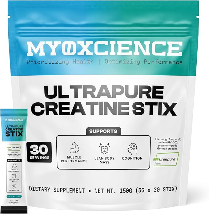 MYOXCIENCE Creapure® Creatine Stix | 5 Grams of German Creatine Monohydrate Per Stick Pack | Supports Muscle Performance Lean Body Mass &amp Cognition | 30 Single Serve Stix