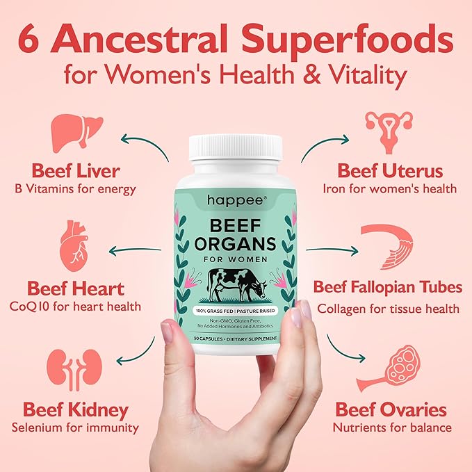 Happee Grass Fed Beef Organ Supplement for Women - Beef Liver Heart Kidney Ovary &amp Uterus Blend - Hormone Balance Energy &amp Cycle Support - 90 Capsules