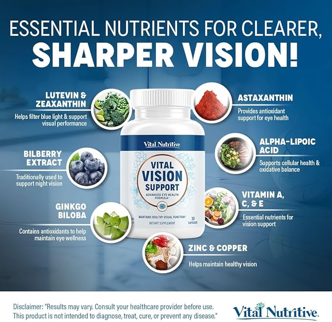 Vital Vision Support – Eye Health Supplement with Vitamin A Lutein Beta Carotene &amp Antioxidants – Eye Vitamins Support Hydration &amp Oxidative Stress -30 Days Serving