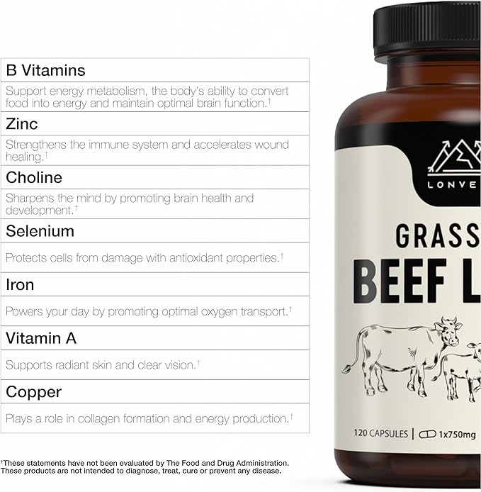 Grass Fed Beef Liver Supplement – 3000mg Freeze Dried Desiccated Organs – Nutrient Source for Joints Bones Hair Skin Nails &amp Daily Energy – 120 Pasture-Raised Capsules - 90 Day Supply