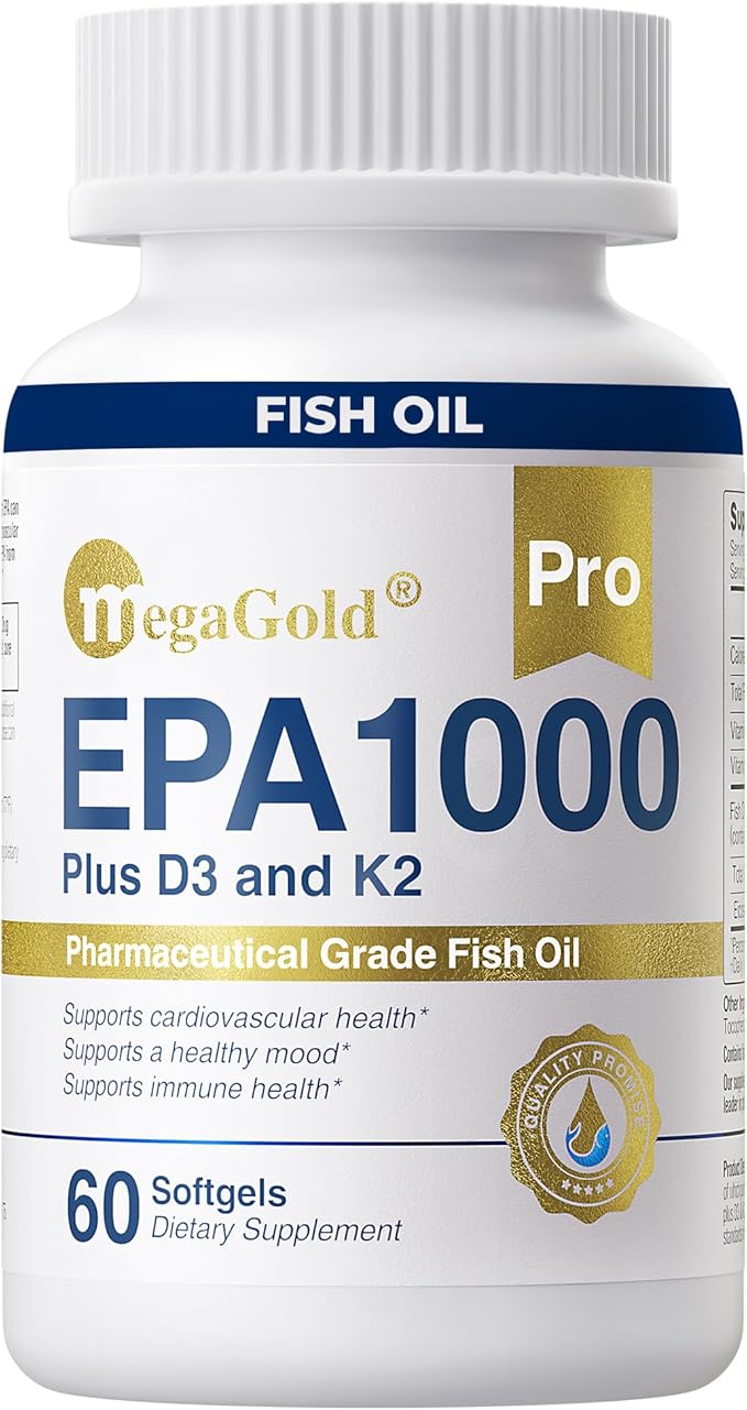 Pro Fish Oil EPA 1000mg Omega 3 with Vitamins D3 &amp K2 - Omega 3 Fatty Acid Supplements Burpless Fish Oil Capsules for Men and Women - 60 Count Mini Softgels