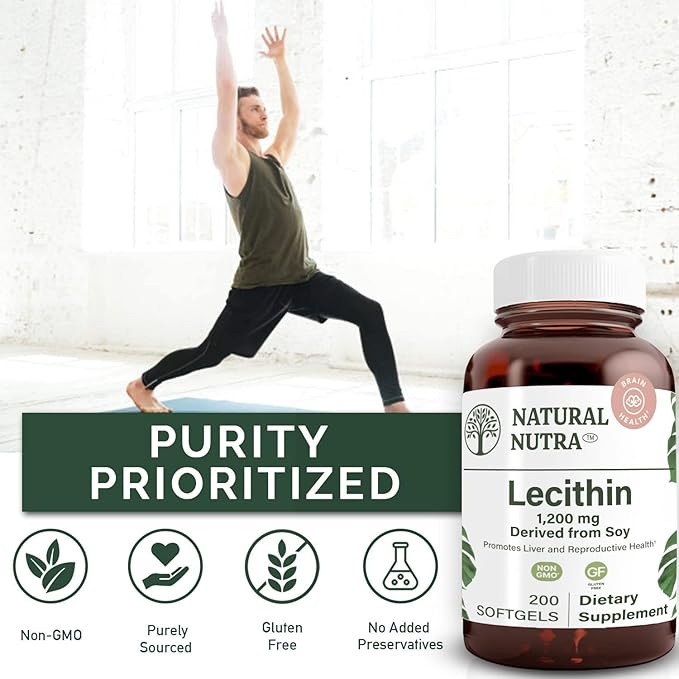 Natural Nutra Soy Lecithin 1200 mg Dietary Supplement - Brain Function Liver Health Improve Procreant Health Boosting Supplement - Gluten-Free BPA-Free 200 Softgels in Recyclable Glass Bottles