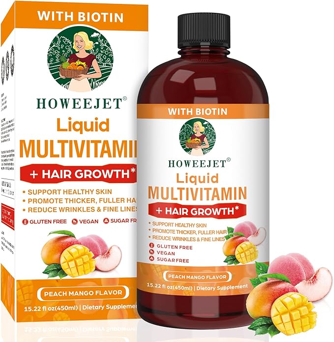 Liquid Multivitamin for Hair Growth | Biotin 10000mcg | Hair &amp Skin Support Supplement | Clinically Tested for Thicker Hair &amp Skin Elasticity | Suitable for Women &amp Men Ages 18+ | 15.22 F
