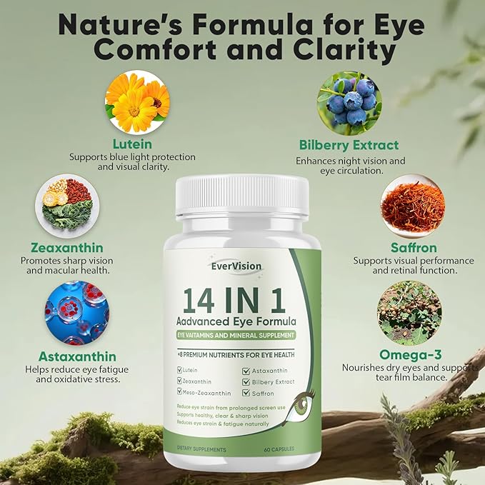 Evervision 14 in 1 Advanced Eye Formula Neurobella Eye Vitamin and Mineral Supplement with Zinc Lutein Zeaxanthin &amp Bilberry Extract 60 Capsules (1)