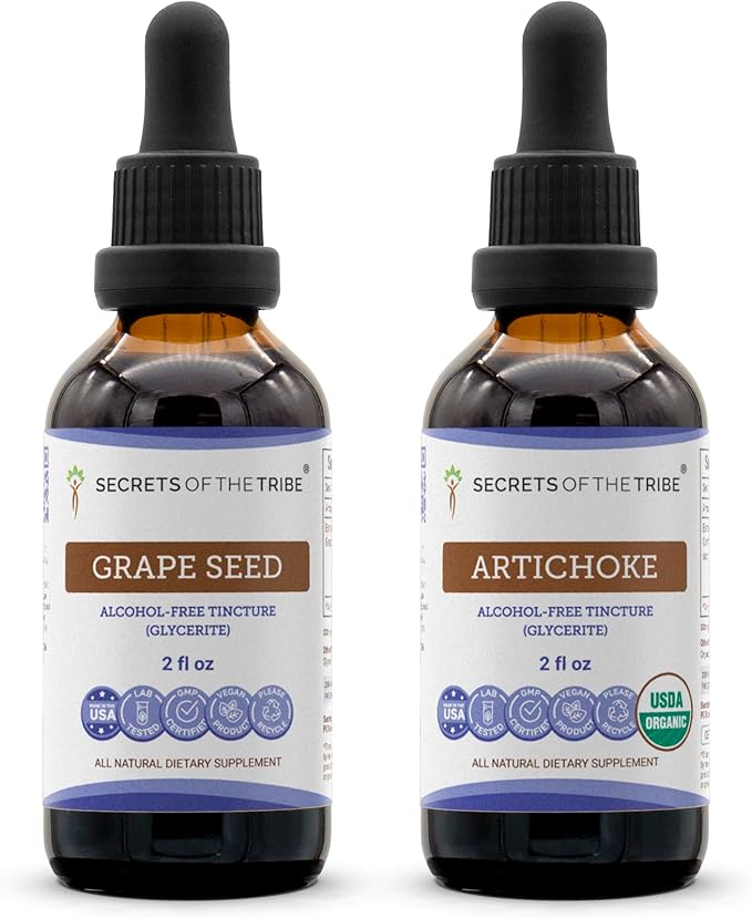 Secrets of the Tribe Grape Seed and Artichoke Liquid Extract (2 pcs.) | Alcohol-Free Tinctures | Grape (Vitis vinifera) Dried Seed and Artichoke (Cynara scolymus) Dried Leaf (2x2 fl oz)