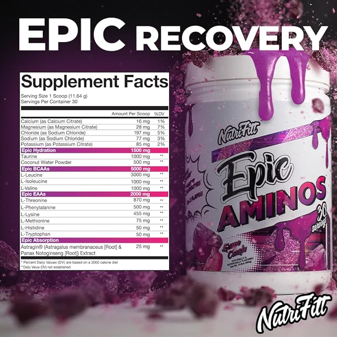 Nutrifitt Epic Aminos | Flavorful for Lean Muscle Growth | Muscle Recovery | Hydration + Endurance | 30 Servings | Pink Burst