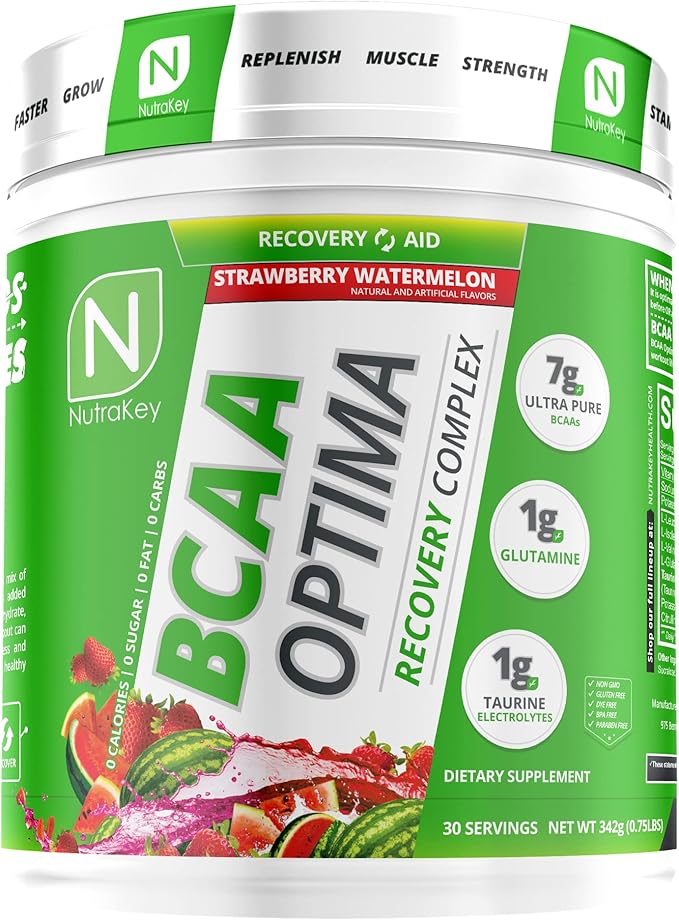 NutraKey BCAA Optima Post Workout Recovery Complex No Sugar No Carb Recovery Aid Strawberry Watermelon
