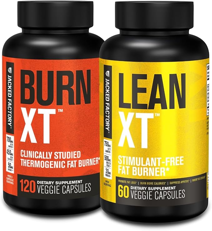 Jacked Factory Burn-XT Clinically Studied Fat Burner &amp Weight Loss Supplement - Appetite Suppressant &amp Energy Booster (120 Capsules) &amp Lean-XT Caffeine-Free Fat Burner (60 Capsules)