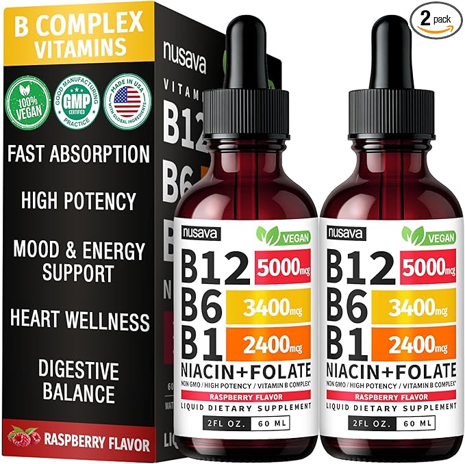 NUSAVA (2 Pack) Vitamin B12 Liquid Drops with B6 B1 Niacin &amp Folate — B12 Sublingual Vitamin B Complex Methylcobalamin 5000 mcg for Energy Brain &amp Heart Support Raspberry Flavor 80 Serv