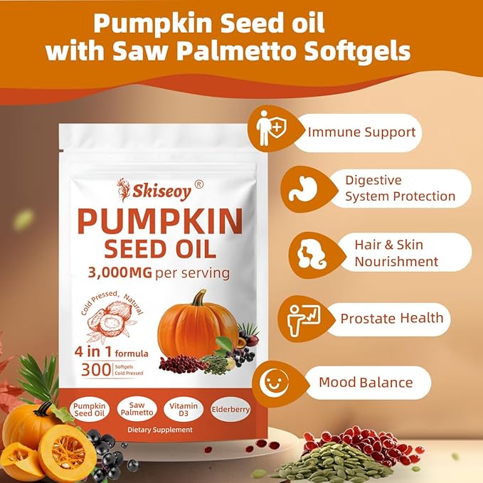 Pumpkin Seed Oil with Saw Palmetto 300 Softgels | 4 in 1 Vitamin D3 &amp Elderberry 3000mg Cold Pressed &amp Pure Virgin Oil | Supports Hair Urinary Bladder &amp Prostate Health Immune | Vegan