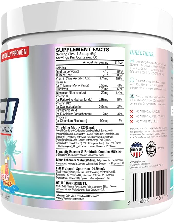 EHP Labs OxyShred Pre Workout Powder - Preworkout Powder with L Glutamine &amp Acetyl L Carnitine Energy Boost Drink - Bahama Breeze/Beach 60 Servings