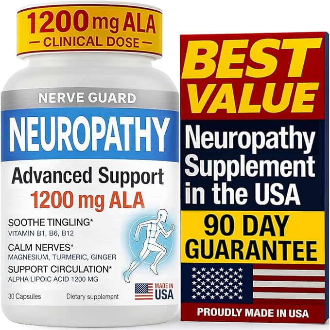 Neuropathy Support Supplement with 1200 mg Alpha Lipoic Acid to Fortify Nerves in Fingers Hands Toes &amp Feet – 1200mg ALA Vitamins B12 B6 &amp B1 Magnesium – 30 Capsules