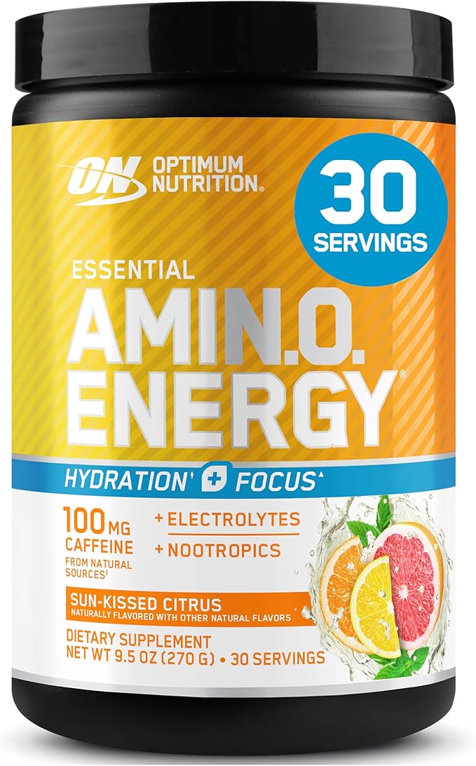 Optimum Nutrition Amino Energy Powder Plus Focus with BCAA Electrolytes and Caffeine Sunkissed Citrus 30 Servings (Packaging May Vary)