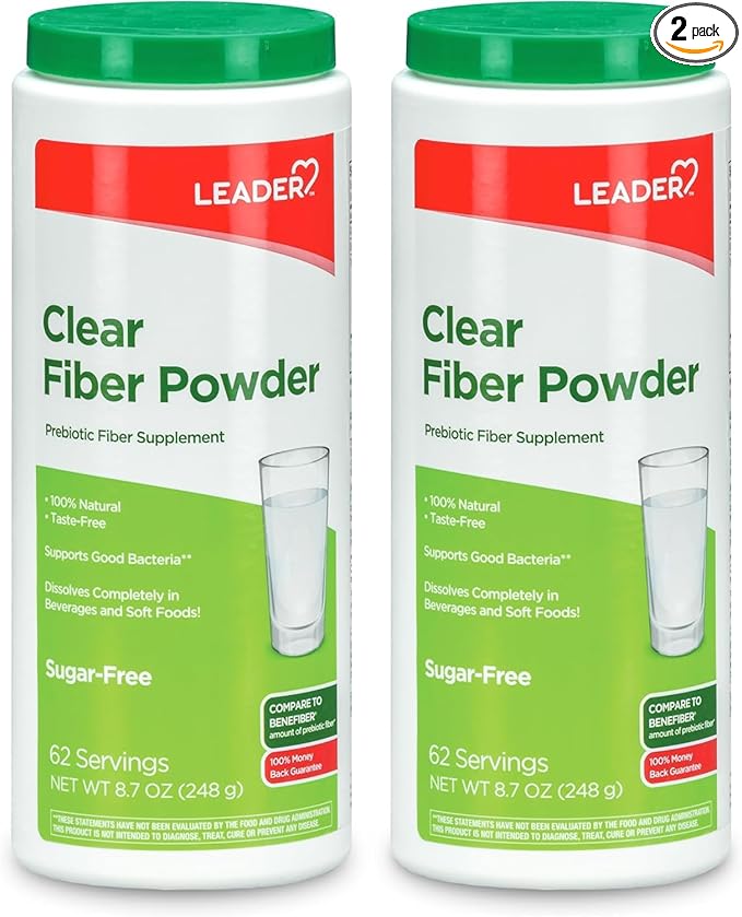 Leader Prebiotic Fiber Supplement Powder for Digestive Health 100% Natural Daily Fiber Powder Sugar-Free Taste-Free Gluten Free Non-GMO Unflavored 62 Servings (8.7 OZ) (Pack of 2)