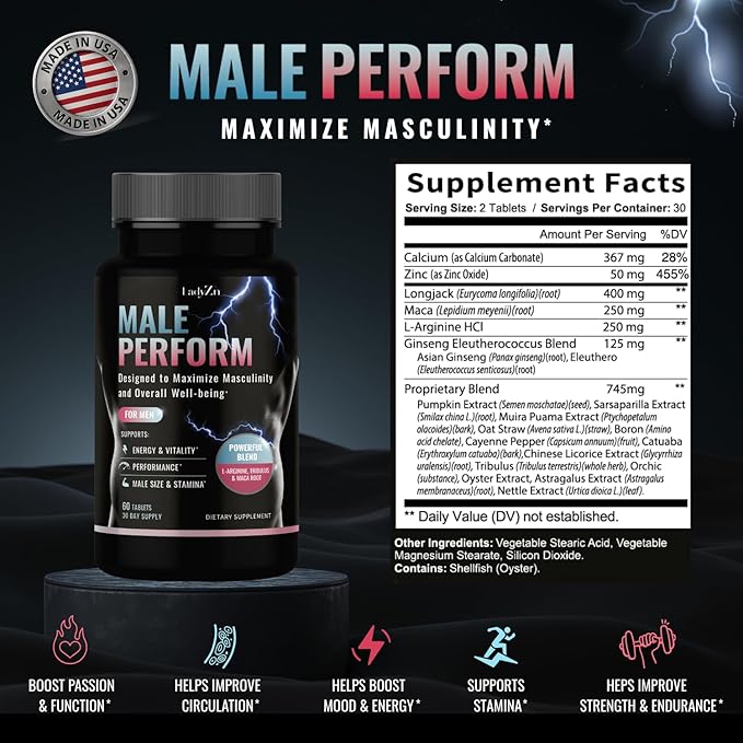 Male Perform - Male Enhancing Supplement for Energy Stamina Performance &amp Vitality Pills for Men with L-Arginine and Tribulus - Boost Muscle Growth Size Strength and Endurance 60 Tablets
