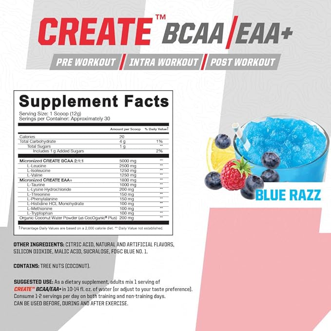 Undefined Nutrition Create BCAA/EAA+ by Brian Shaw -Muscle Recovery &amp Endurance 6.8g BCAA/EAA Matrix -Full Spectrum BCAA + Essential Amino Acids Supplement – 30 Servings (127 oz Blue Razz)