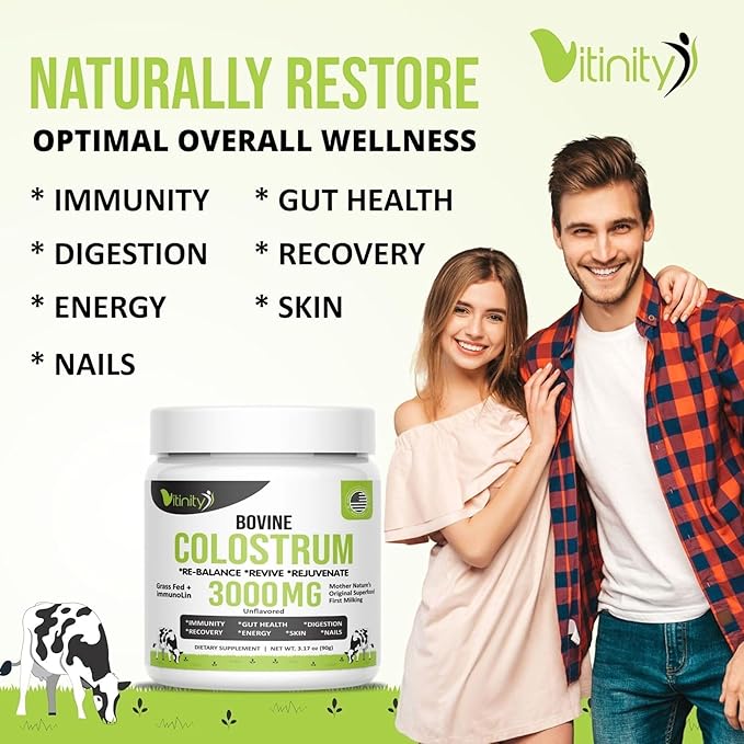 VITINITY Grass Fed Bovine Colostrum Powder for Humans 3000 mg - Natural IgG Colostrum Supplement Gut Health Immune Support Muscle Recovery Wellness | Pure Colostrum SuperfoodUnflavored 2 Pack