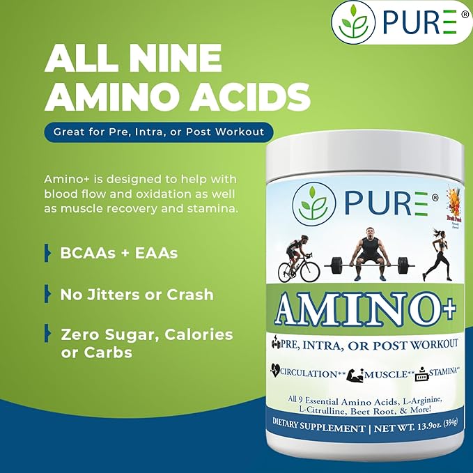 PURE® Amino+ Essential Amino Acids Powder - 30 Servings 500g - Full Spectrum EAA with L-Arginine L-Citrulline &amp Beet Root - Muscle Recovery &amp Hydration Drink - Fruit Punch Flavor Made in US