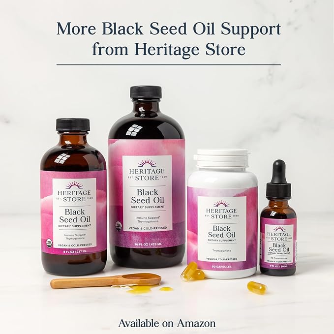HERITAGE STORE Black Seed Oil w/ 3% Thymoquinone Omega 6 9 - Nigella Sativa Liquid Oil Cold Pressed from Black Seeds Joints Digestion and Immune Support Vegan 60-Day Guarantee 30 Serv 1 fl oz