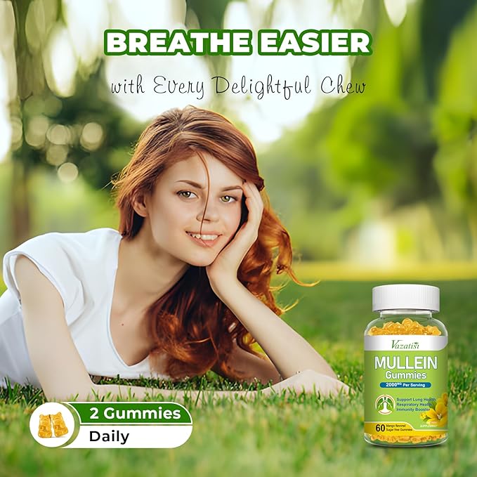 Mullein Gummies Mullein Leaf Extract with Bromelain Quercetin Pine Bark Support Lung Cleanse for Healthy Breathing 120ct