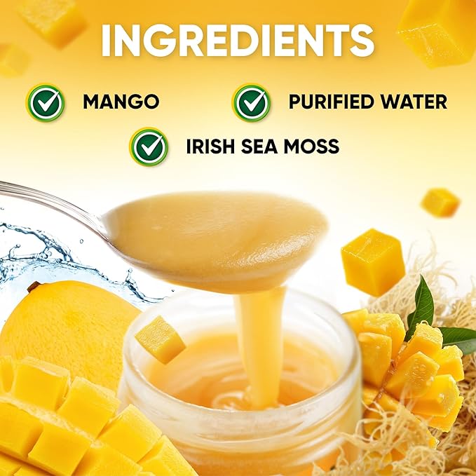Wildcrafted Irish Sea Moss Gel 16 oz | Made in USA | Gold Seamoss Superfood | Rich in Vitamins &amp Minerals | Real Fruit | Nutritional Supplement | Mango