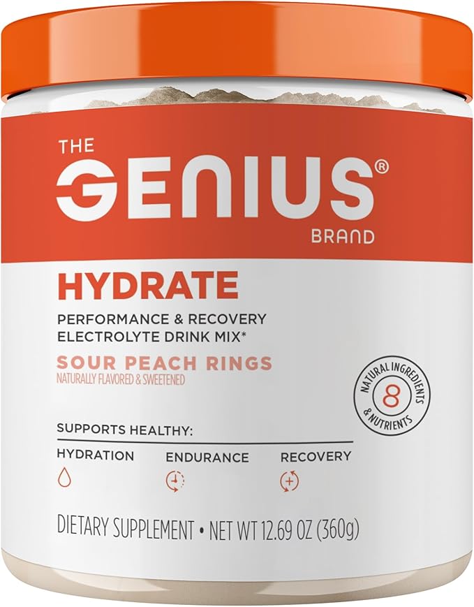 The Genius Brand Genius Hydrate - Electrolyte Supplement for Daily Hydration - Coconut Water - Sugar-Free - 8 Essential Minerals &amp Nutrients - Non-GMO - Sour Peach Rings - 50 Servings