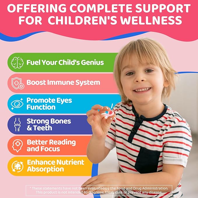 Kids Omega 3 DHA Gummies w/Vitamins D3 K2 C B6 Methyl B12 Luetin &amp PS No Fish Burps No Sugar Brain Eye &amp Immune Support Plant-Based Omega-3 from Algae Vegan DHA for Toddlers Childre