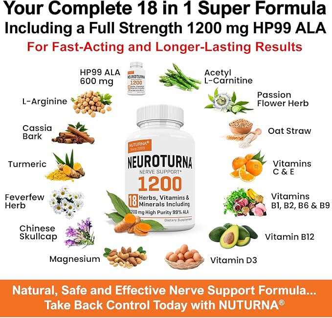 Neuropathy Support Supplement with 1200 mg HP-99 Alpha Lipoic Acid - Max Strength ALA Nerve Formula for Feet Hands Fingers Legs - Ultra Potent 18 in 1 Natural Nerve Vitamins - 180 Capsules