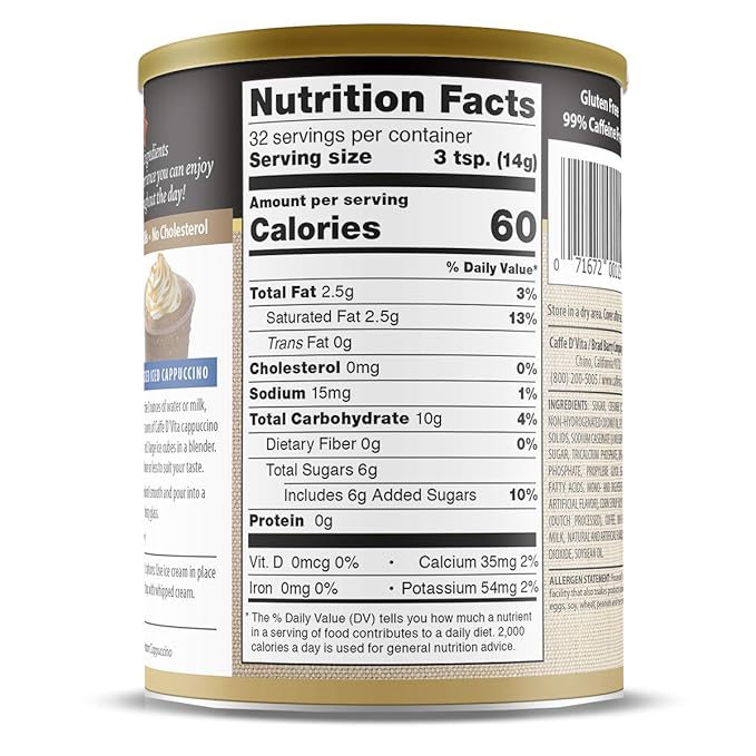 Caffe D'Vita Amaretto Cappuccino Mix - Amaretto Cappuccino Instant Mix Gluten Free No Cholesterol Hydrogenated Oils or Trans Fat 99% Caffeine Free - 16 Oz Can 6-Pack
