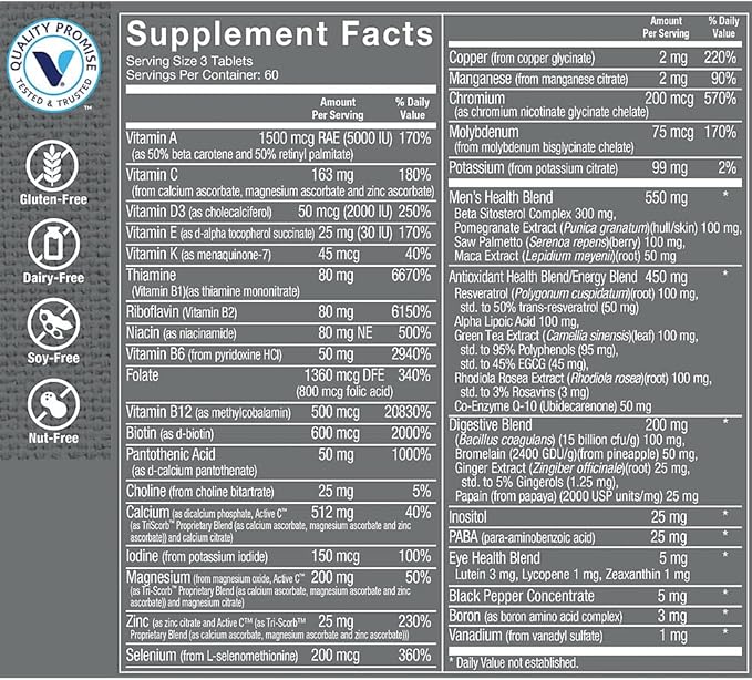 The Vitamin Shoppe Ultimate Man Multivitamin Daily Men’s Multivitamin with Key Vitamins &amp Minerals Supports Energy and Overall Wellness for Men Gluten Free Soy &amp Dairy Free 180 Tablets