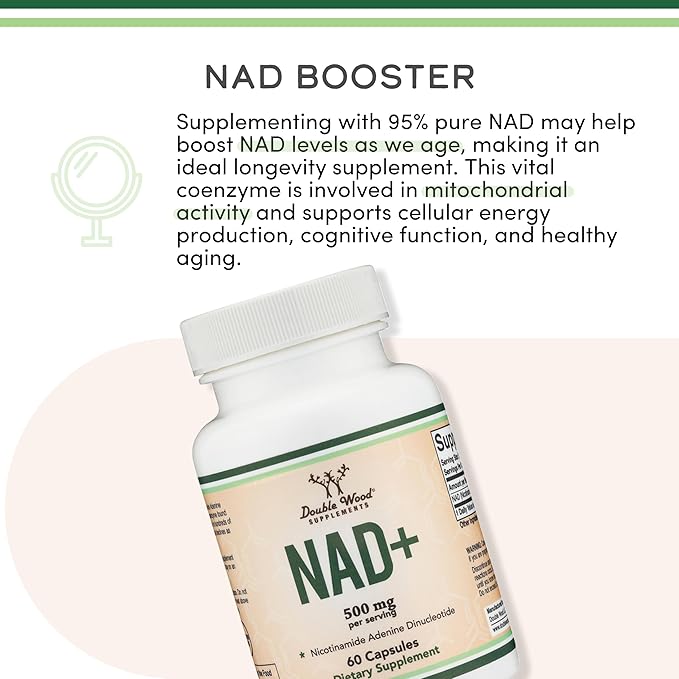 Double Wood Supplements NAD+ Anti Aging &amp Cell Regeneration | 500mg of 95% Pure NAD Plus Per Serving 30 Day Supply | Similar to Nicotinamide Riboside | Third Party Tested Vegan Safe Non-GMO