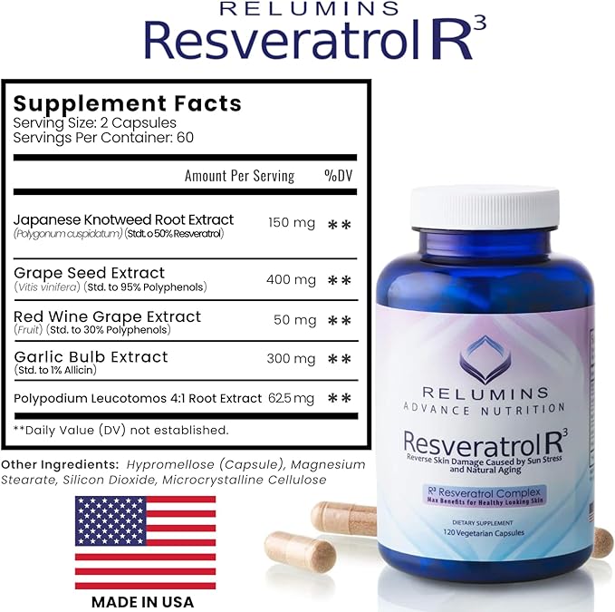 Relumins Resveratrol 600mg Supplement – High-Potency Antioxidant with Grape Seed &amp Red Wine Extract – Supports Skin Heart Health &amp Immune System – 120 Vegan Capsules