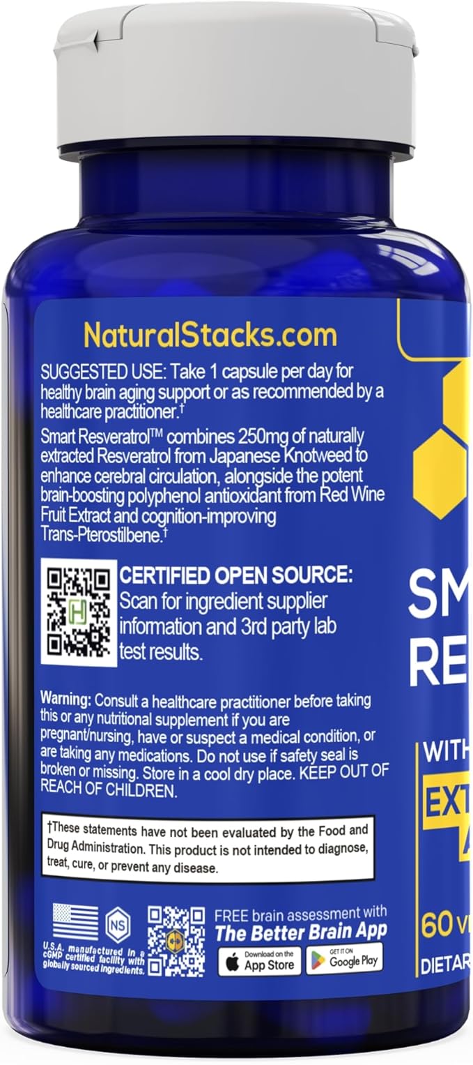 Resveratrol Supplement - 250mg Trans-Resveratrol &amp 10mg Trans-Pterostilbene - Antioxidants Supplement with 200mg Red Wine Extract - Extra Strength Aging Support - 60 Japanese Knotweed Capsules