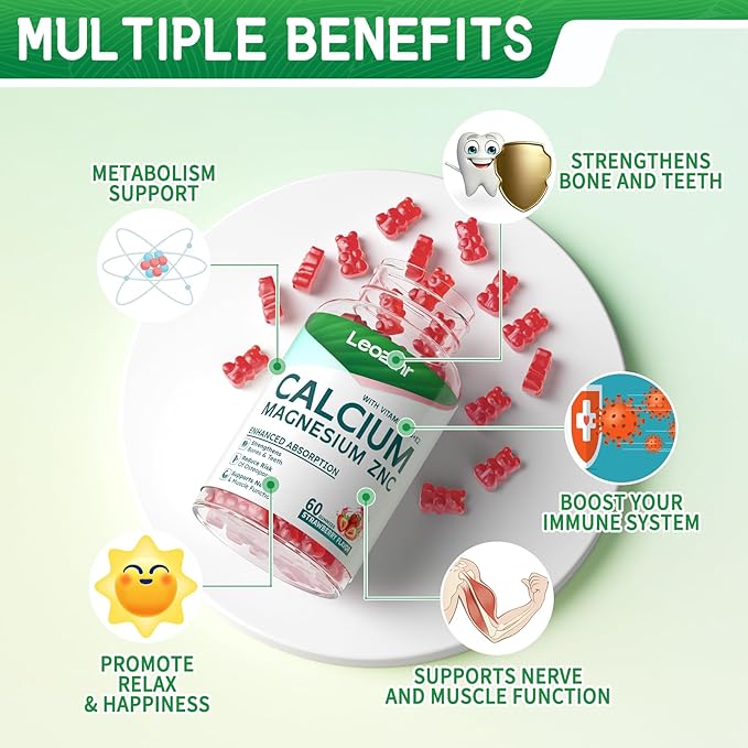 Calcium Magnesium Zinc Gummies with Vitamin D3 &amp K2 - High Potency Enhanced Absorption -120 Strawberry Gummies Flavored